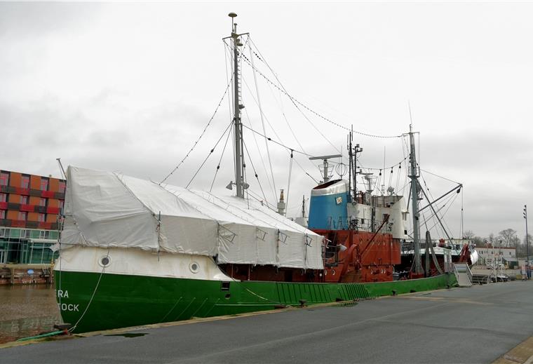 Es tut sich was auf der „Gera“ Das Achterschiff der "Gera" ist eingerüstet. Unter der Plane arbeiten Museumsmitarbeiter an der Decksversiegelung.