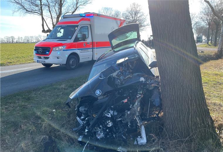 Selsingen: Junge Leute bei Crash schwer verletzt Das Auto, mit dem ein junger Mann bei Selsingen gegen einen Baum fuhr, ist ein Wrack.