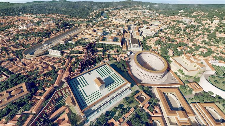 Zeitreise in antikes Rom mit 3D-Rekonstruktion Das computergenerierte Bild zeigt eine Luftaufnahme des antiken Roms im Jahr 320 n. Chr. mit dem Kolosseum (M) als 3D-Rekonstruktion „Rome Reborn 4.0“.