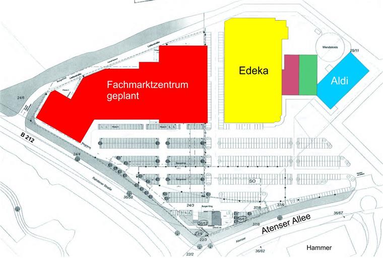 Plan für Fachmarktzentrum in Atens wiederbelebt Das Fachmarktzentrum soll neben dem E-Center entstehen.