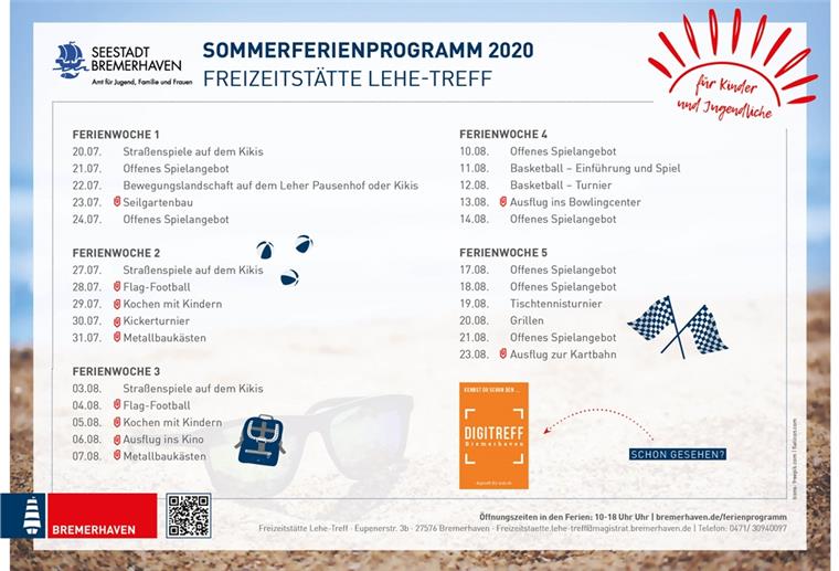 So sieht das Sommerferienprogramm im Lehe-Treff aus Das Ferienprogramm des Lehe-Treffs.