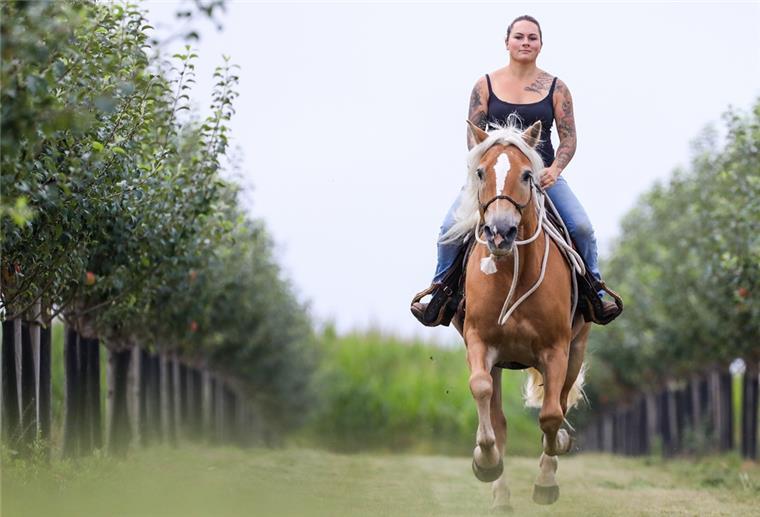 Warum Gewichtskontrolle vor dem Reitunterricht wichtig ist Eine Frau reitet auf einem Pferd durch eine Obstwiese mit Apfelbäumen.