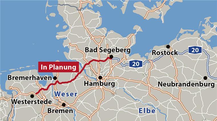 Kein beschleunigtes Verfahren: Wird die A20 ausgebremst? Das ist die Trasse der A20: Der blau gestrichelte Teil im Osten ist gebaut, die rote Strecke von Westerstede bis Bad Segeberg nicht.