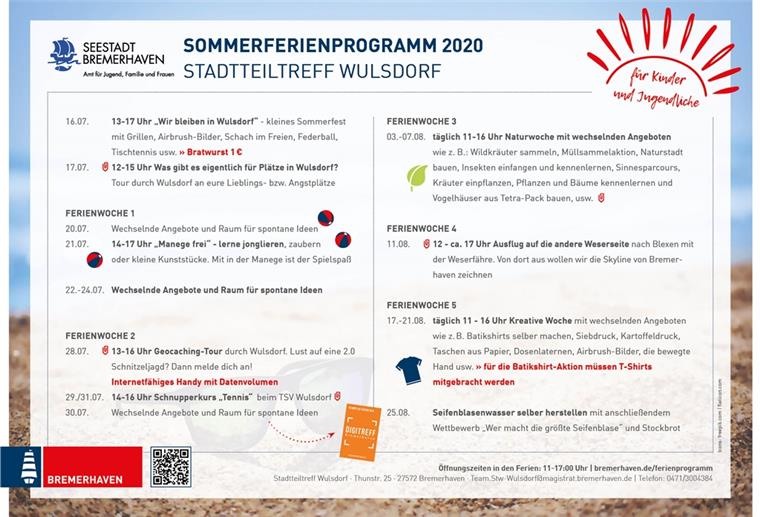 Sommerferien in Wulsdorf: Das können Kinder und Jugendliche erleben Das Programm des Stadtteil-Treffs Wulsdorf.