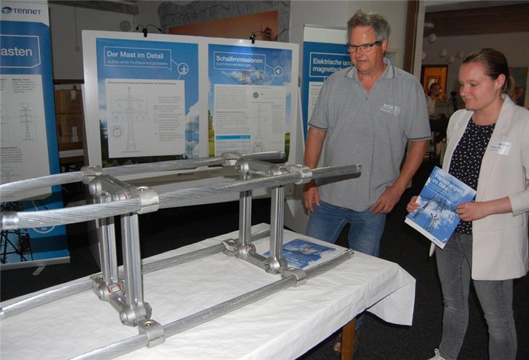 Stadland: Überlandleitung wird für mehr Windstrom aufgerüstet Das Tennet-Projektteam stand Bürgerinnen und Bürgern für persönliche Fragen zur Verfügung. Hier erläutert Bürgerreferentin Anja Heine einem Interessierten die Vierer-Bündel, mit denen die neuen Leitungen versehen werden.