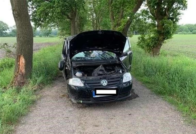Schiffdorf: Undurchsichtiger Verkehrsunfall mit gestohlenem Kennzeichen Unfallfahrzeug mit einem der beschädigten Bäume
