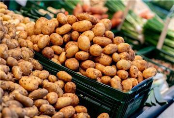 Zahlreiche Kartoffeln verschiedener Sorten liegen an einem Obst- und Gemüsestand auf dem Wochenmarkt zum Verkauf. (Foto: Archiv) (zu dpa: «Kulinarisch und kulturell: Comeback der Kartoffel?»)