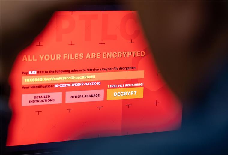 Niedersachsen: Innenminister warnt vor Cyberangriffen auf Firmen Ein Mann sitzt vor einem Laptop, der mit einem fiktiven Verschlüsselungstrojaner (Ransomware) befallen ist.