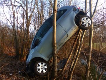 Der Autofahrer blieb mit seinem Wagen in einem Baum hängen.