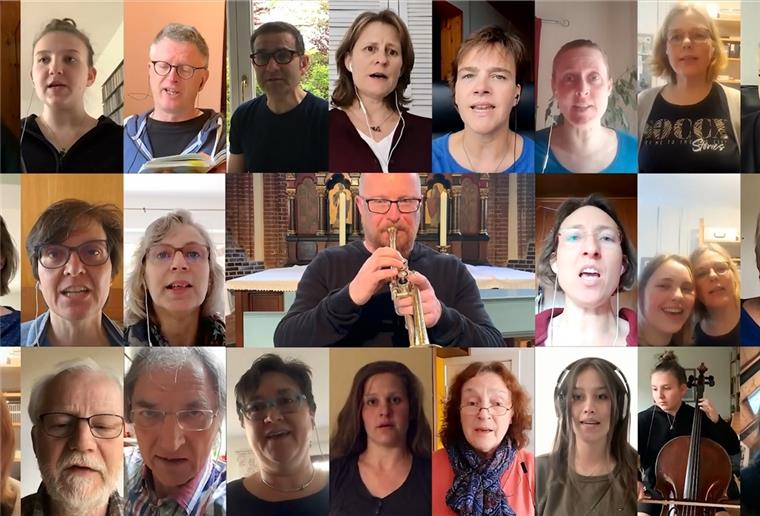 Bremerhavener Kammerchor und Gäste singen im Split Screen Der Bremerhavener Kammerchor singt gemeinsam mit Gästen und dem Trompeter Krisztian Jambor.