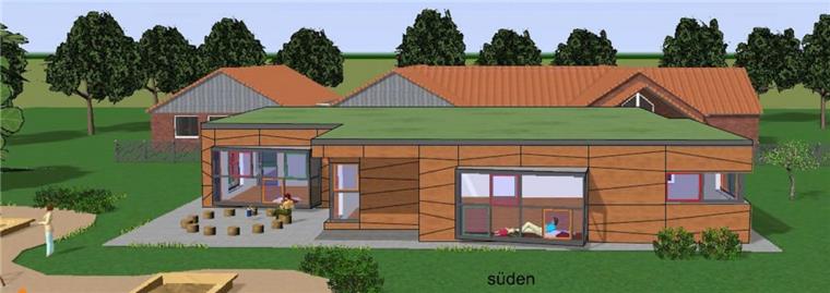 Kita-Anbau in Elsdorf: Fenster sorgen für Diskussionen Der Entwurf des Zevener Architekten Ralf Schulze zeigt den Anbau für zwei Krippengruppen in der Kita „Wiesenblume“ in Elsdorf. Gekennzeichnet ist dieser unter anderem durch ein Gründach sowie ein lebhaftes Fugenbild.