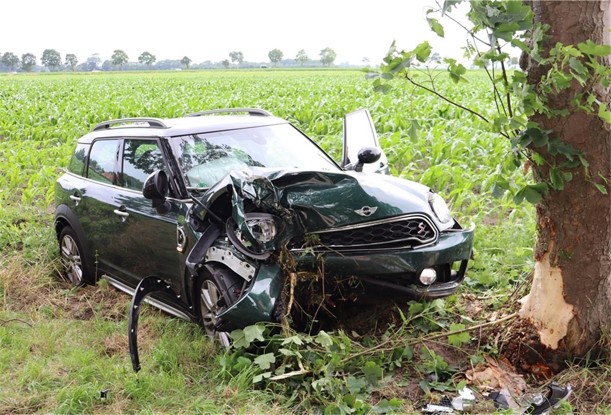 Auto prallt zwischen Bramel und Elmlohe gegen einen Baum Der Fahrer eines BMW Mini konnte aus diesem zerstörten Auto lebend gerettet werden.