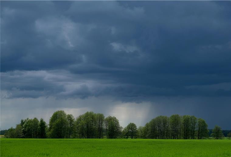 Wechselhaftes Wetter mit Sturmböen an der Nordsee Regenwolken über einem Feld in Nordsachsen.