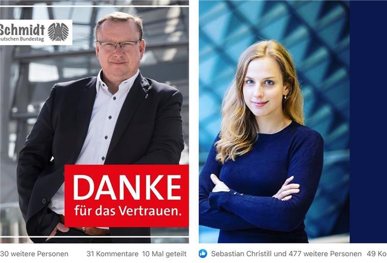 Der Gewinner in Schwarz, die Verliererin in Hoffnungs-Blau: So stellten sich Uwe Schmidt (SPD) und Wiebke Winter (CDU) am Tag nach der Wahl in Facebook dar.