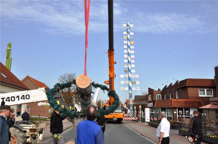 Abbehausens 58 Meter hoher Maibaum liegt am Boden Der größte Maibaum Deutschlands ist am Sonntag in Abbehausen abgenommen worden. Am Himmelfahrtswochenende kommt der Nachfolger.