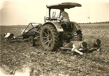 Der Hanomag R27, ein Nachkriegstraktor aus Hannover. Auch dieses Gerät kam auf dem Hof Fricke zum Einsatz. Dank zweier Bühnenkonstruktionen war Feldarbeit im Liegen möglich.