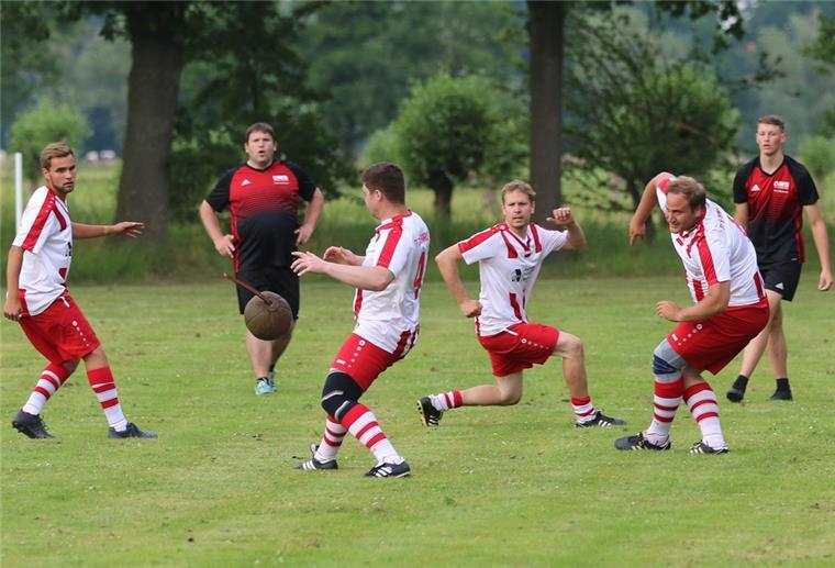 Schweewarder Schleuderballer haben es in der Landesliga schwer Der immer noch punktlose TV Schweewarden (weiße Trikots) verlor beim KBV Reitland mit 0:6.
