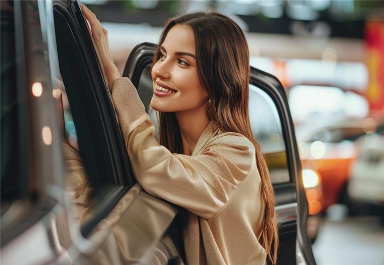 Junge dunkelhaarige Frau steht an einer Autotür.