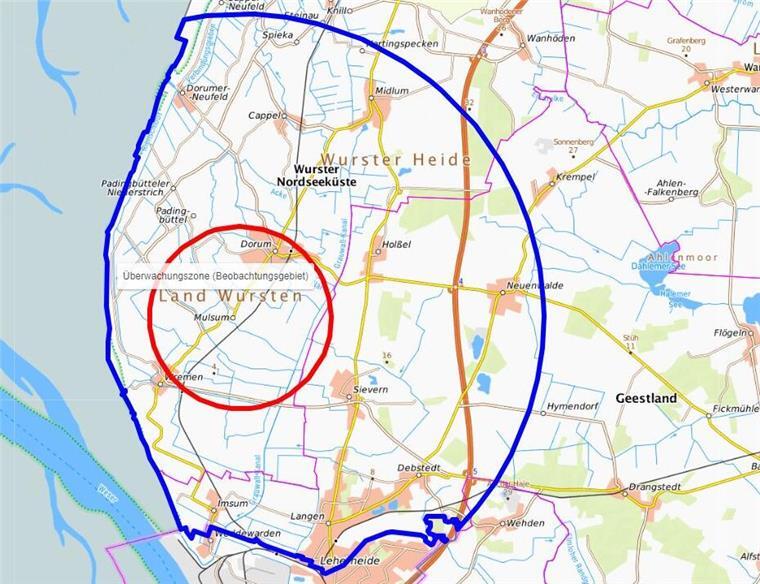 14.000 Puten getötet: Geflügelpest bricht in der Wurster Nordseeküste aus Der Landkreis Cuxhaven veröffentlichte eine Karte, auf der Schutz (rot)- und Überwachungszone (blau) eingezeichent sind.