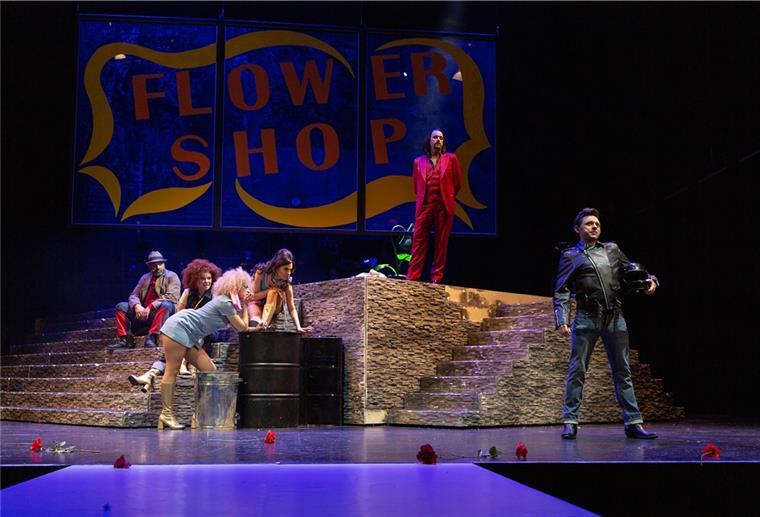 Musical in Bremerhaven: Im „Kleinen Horrorladen“ ist der Teufel los Der Mann in Rot (Henning Bäcker, Mitte), der der fleischfressenden Pflanze Audrey II seine Stimme leiht, zieht im „Kleinen Horrorladen“ die Strippen. Auf sein Kommando hören der Statist Oktay Bagci (von links) ebenso wie die Soul-Girls Juschka Spitzer, Marlene Jubelius und Sabine Barthelmeß. Der sadistische Zahnarzt (Dominik Lindhorst-Apfelthaler) wird sein erstes Opfer. Foto: Melnikova