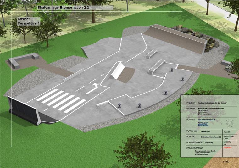 Hier soll in Bremerhaven ein neuer Skatepark entstehen Der neue Platz soll in Straßenoptik entstehen, um zu zeigen, dass Skaten ursprünglich auf der Straße entstanden ist. Visualisierung: Endboss