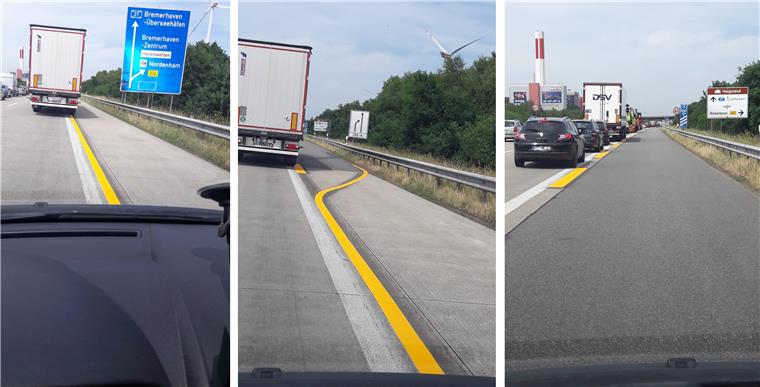 A27, Abfahrt Bremerhaven-Zentrum: Morgens geht's ein bisschen schneller Der Rückstau auf der A27 beginnt schon vor der Ausfahrt "Zentrum" Bremerhaven. 370 Meter ist die Abfahrt aber verlängert worden, um die Wartezeit für diejenigen zu verkürzen, die abfahren wollen.