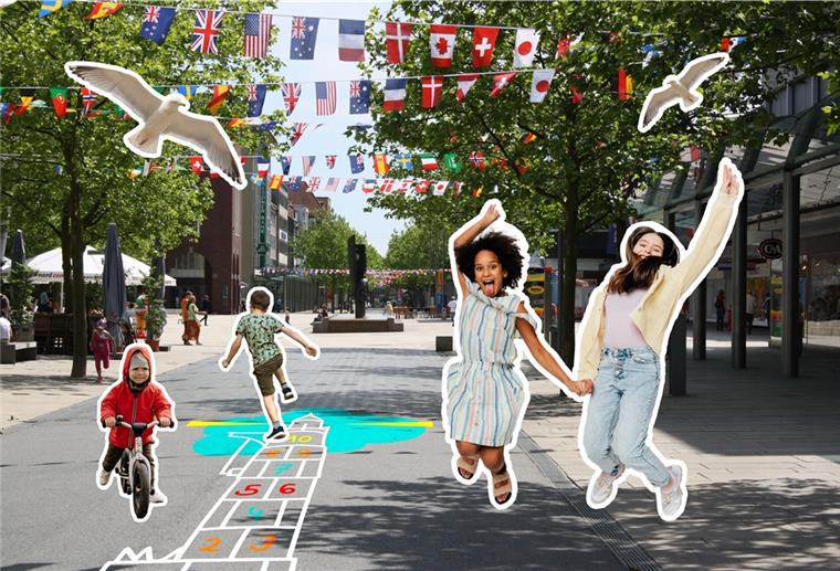Für Kinder soll die City bunter werden Der Simon-Loschen-Turm als Hüpfspiel - als erste familienfreundliche Idee werden permanente Kinderspiele aufgemalt.