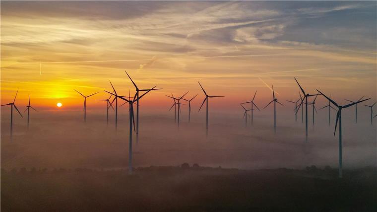 Windindustrie zweifelt an Erreichbarkeit von Ausbauzielen Der Sonnenaufgang scheint durch den Morgennebel über einem Windenergiepark.