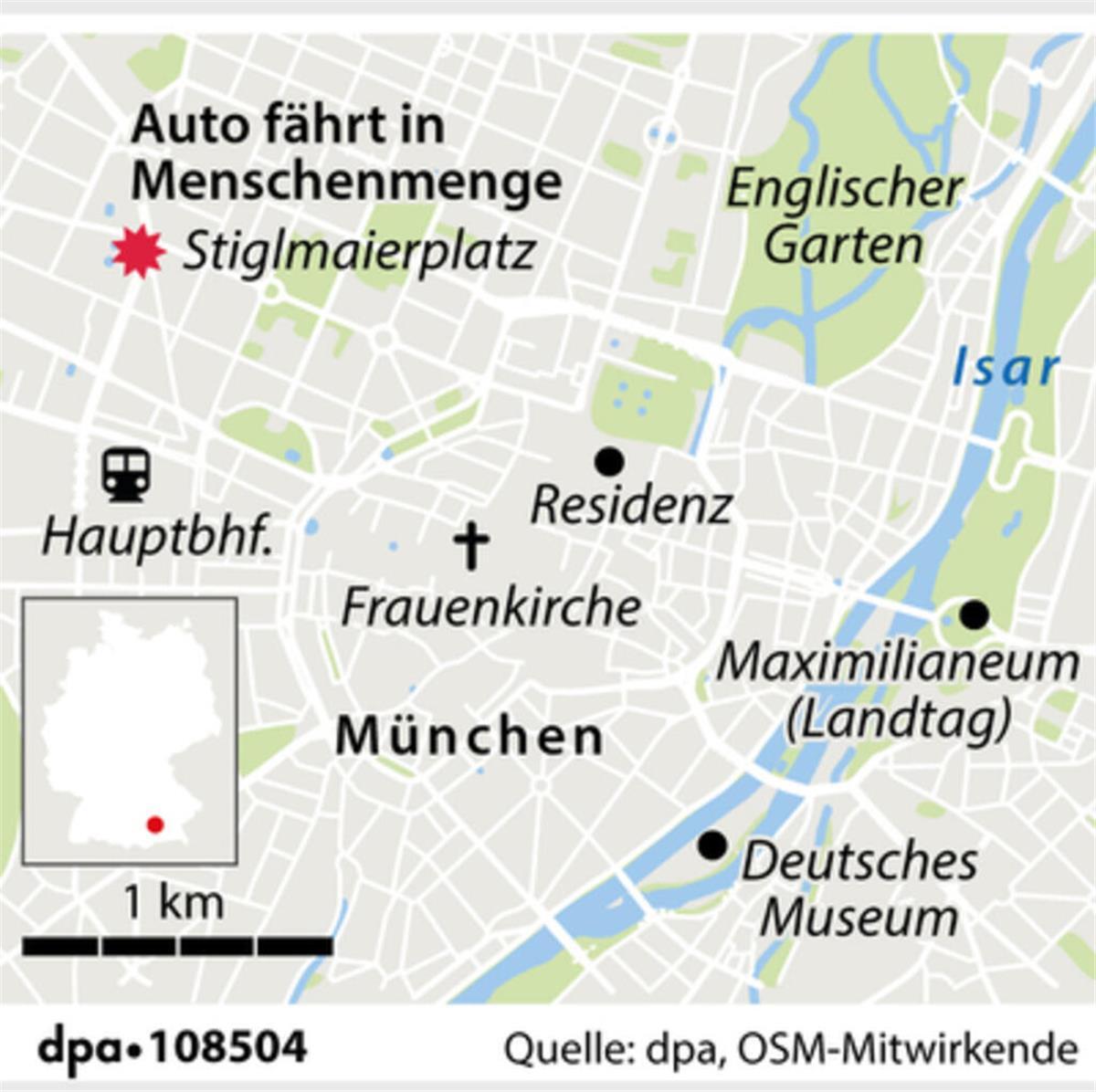 Scholz zum mutmaßlichen Anschlag in München: „Täter muss das Land verlassen“ Grafik-Karte Nr. 108504, Format 60 x 60 mm; Lokalisierung Stiglmaierplatz in München, Grafik: A. Brühl, Redaktion: B. Schaller