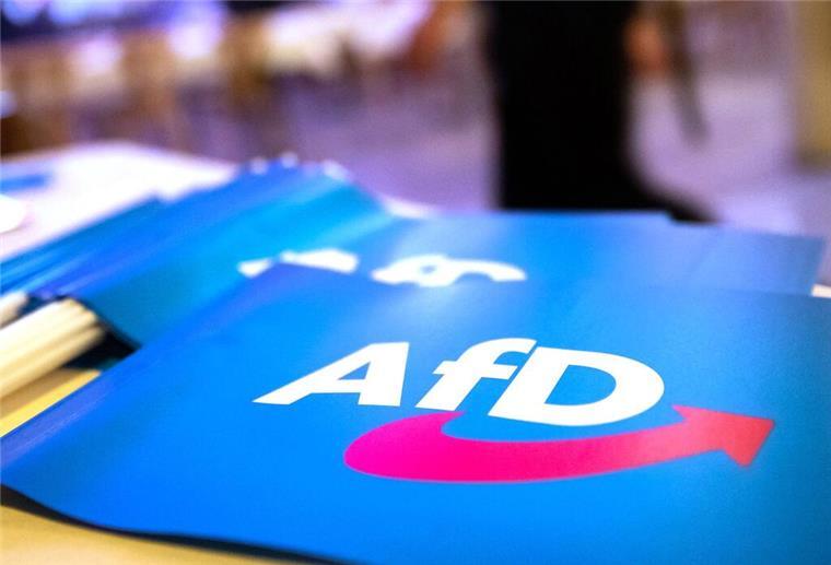 Mehrere Fahnen der AfD liegen auf einem Tisch. 