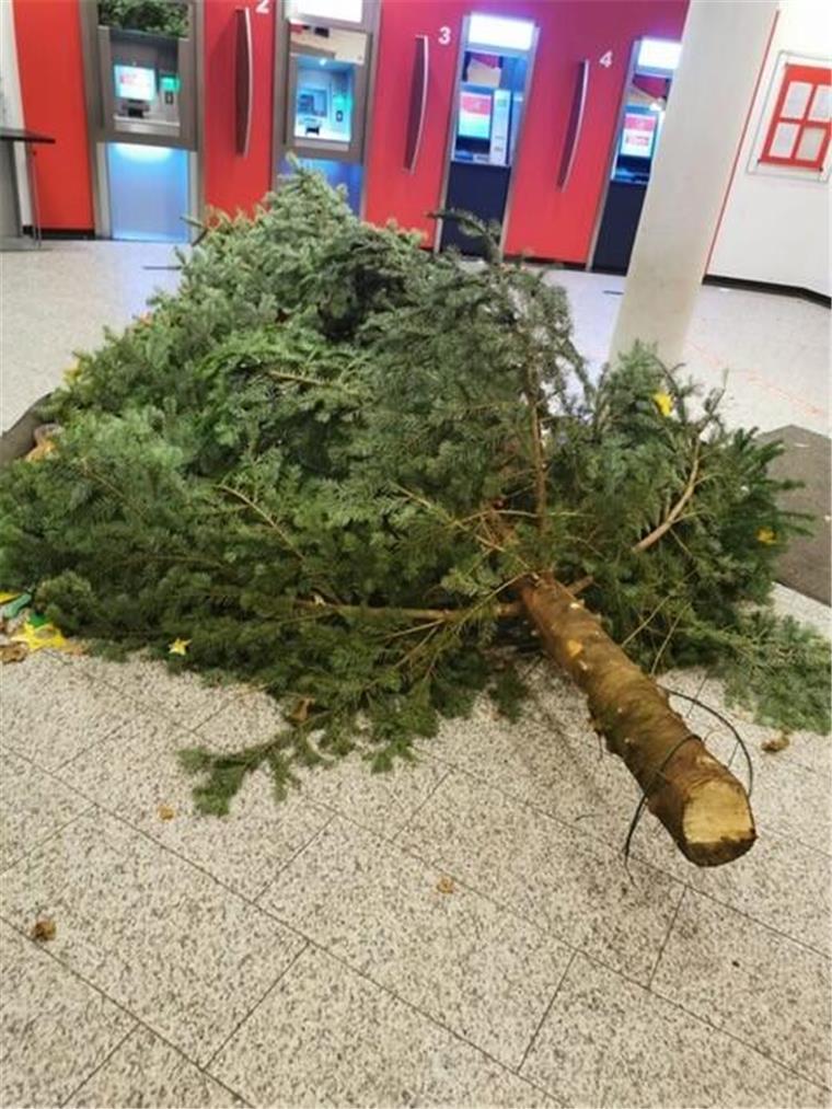 Vandalismus in Leherheide: Christbaum in Sparkasse entsorgt Tannenbaum auf dem Boden liegend