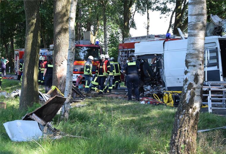 Der weiße Transporter ist nach dem Zusammenprall mit einem Baum als solcher kaum noch zu erkennen. Der Fahrer verstarb an der Unfallstelle.