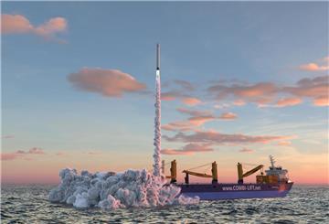 Rakete auf dem Wasser. Weltraumbahnhof auf der Nordsee.
