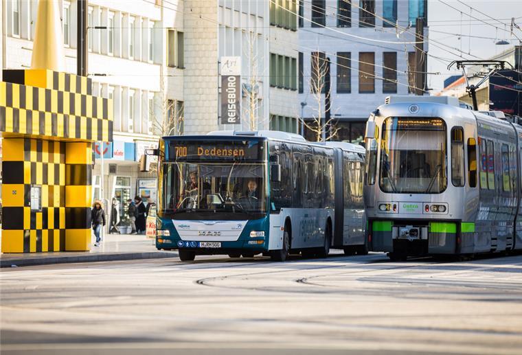 Ein Linienbus der Regiobus Hannover GmbH und eine Straßenbahn der Üstra Hannoversche Verkehrsbetriebe sind an der Haltestelle Steintor zu sehen. 
