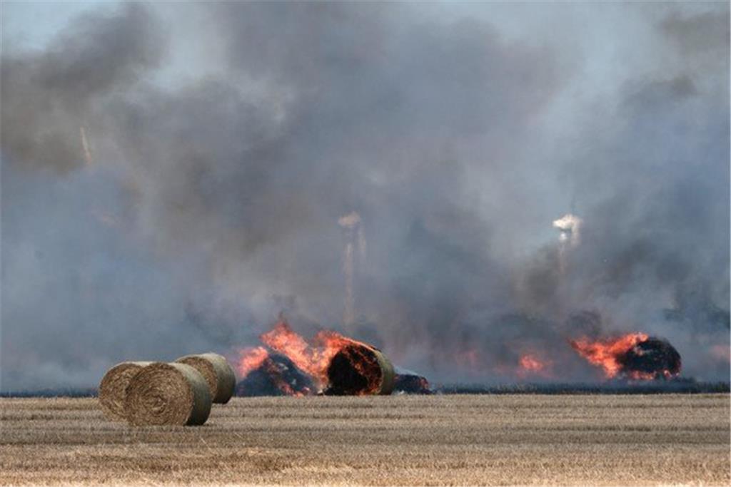 Dichter Rauch steht über dem Feld, auf dem die Strohballen brennen.