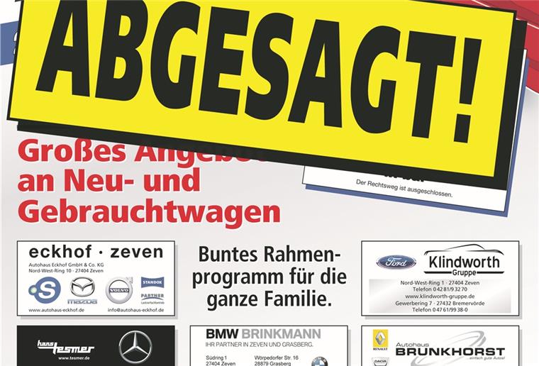 Zevener Autoschau ist abgesagt Die 48. Zevener Autoschau ist abgesagt. Eine Verschiebung der Veranstaltung ist ausgeschlossen. „Die nächste 48. Autoschau findet 2021 statt“, kündigt Jörg Klindworth an.