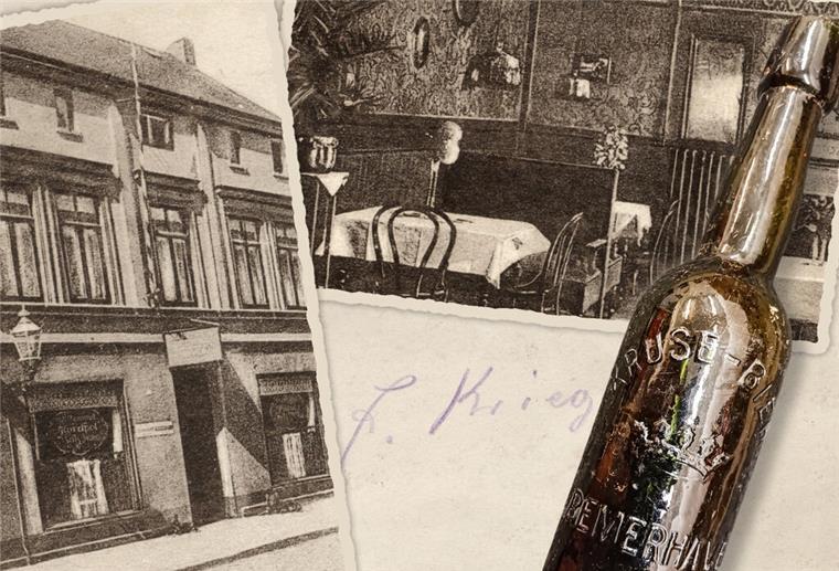 Rätsel um alte Bierflasche: Die Geschichte hinter dem Haus in der Langestraße 36 Eine Bierflasche mit der Aufschrift Kruse-Bier und die Außenansicht des Wirthauses "Zum Nordpol" aus den 1920er Jahren in Bremerhaven.