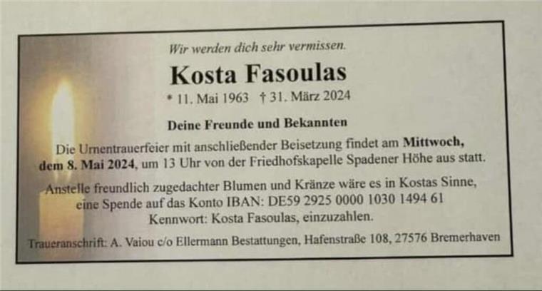 Die Anzeige in der NORDSEE-ZEITUNG gibt die Infos zu der Beerdigung.