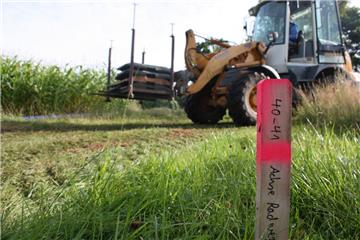 Die Baumaschinen rollen an: Die mit roter Farbe besprühten Holzpflöcke legten die Achse des geplanten Radweges fest.  