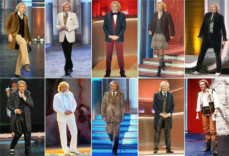 Frisch in TV-Rente - Thomas Gottschalk wird 75 Die Bildkombo zeigt Moderator Thomas Gottschalk in verschiedenen Outfits beim Auftritt in der ZDF-Show „Wetten, dass..?“ (Archivfotos).