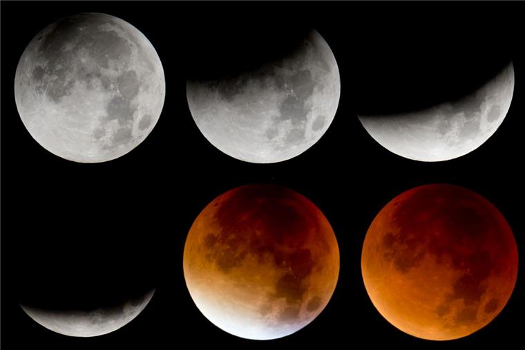 Alle schauen Richtung Himmel: Die Jahrhundert-Mondfinsternis kommt Die Bildkombo zeigt von links oben nach rechts unten die verschiedenen Phasen der totalen Mondfinsternis.