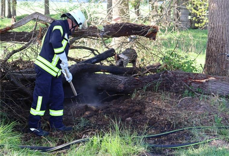 Feuer am Apeler See: Polizei ermittelt wegen Brandstiftung Die Brandstelle wurde nach den Löschen von der Ortsfeuerwehr Schiffdorf nach Glutnestern abgesucht.