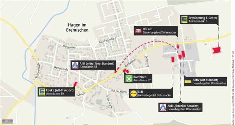 Hagen: Aldi will in die Ortsmitte Die Einkaufslandschaft in Hagen steht vor Veränderungen. Die Politik prüft, ob sie grünes Licht für einen Aldi-Umzug zum Standort Amtsdamm 55 gibt. Das E-Center soll erweitert werden.