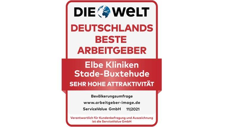 Die Elbe Kliniken Stade-Buxtehude wurden wiederholt von „DIE WELT“ aus einer der besten Arbeitgeber in Deutschland mit der höchsten Klassifizierung „sehr hohe Attraktivität“ ausgezeichnet.