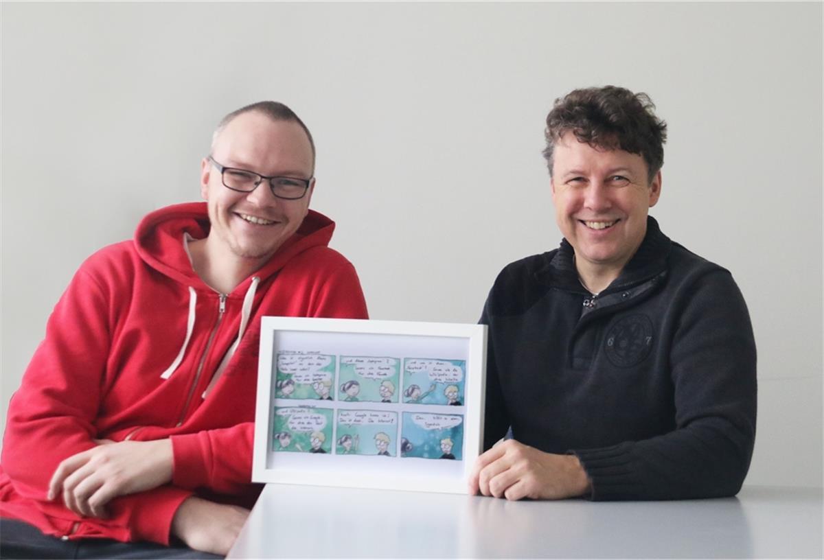 Bremerhaven: Comic-Figur erklärt die digitale Welt Die Erfinder des Nœrdmans (von links): Dr. Jannis Stoppe vom DLR Bremerhaven und Professor Rolf Drechsler von der Universität Bremen.