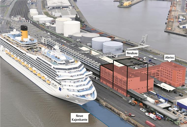 Trotz Corona: Millionen für den Kreuzfahrtterminal in Bremerhaven Die Fotomontage zeigt die Teile des Columbusbahnhofs, die abgerissen und durch einen Neubau ersetzt werden sollen.
