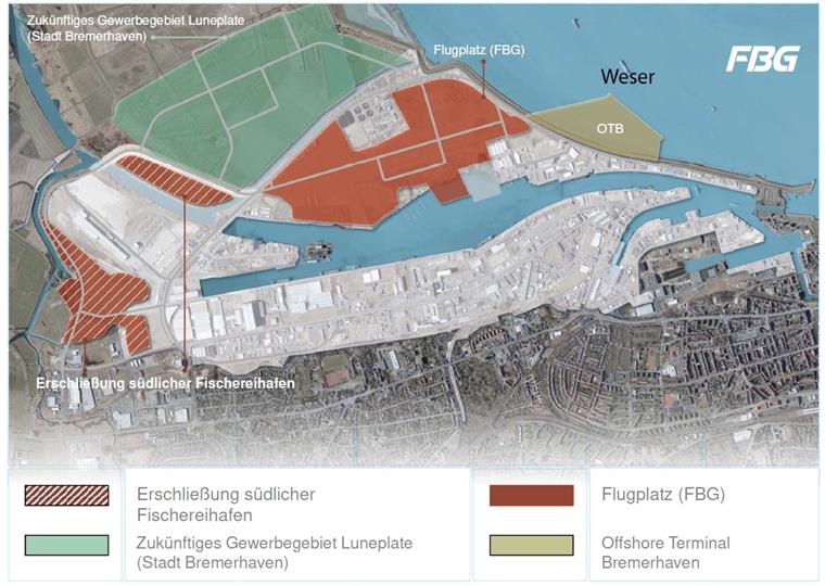 Es wird langsam eng im Fischereihafen Die Grafik zeigt die belegten Flächen und die noch möglichen Optionen für weitere Ansiedlungen.