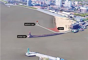 Die Grafik zeigt, wie die neue Nordmole nach Norden verschwenkt wird. Das bietet die Gelegenheit, eine Lagune aufzuschütten, vor der eine Bademöglichkeit eingerichtet werden könnte. Foto/Grafik: Scheer/Schnibbe