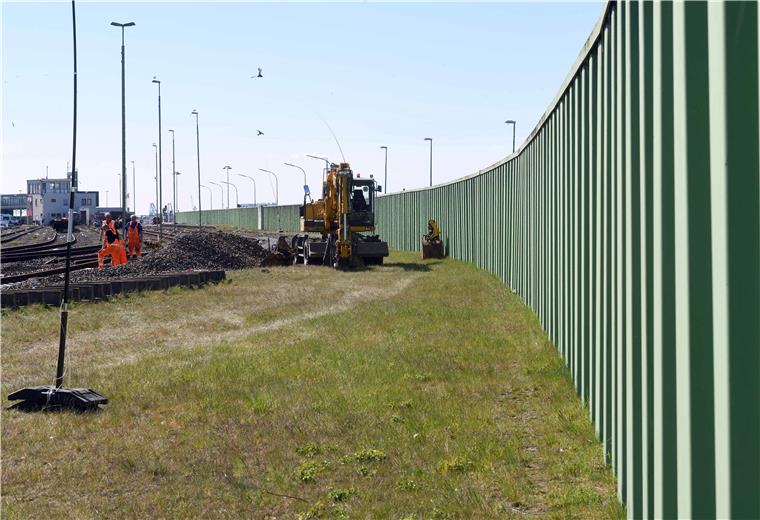 Hochwasserschutz für die Columbusinsel Die grüne Spundwand bleibt stehen, wird in diesem Bereich um einen Meter erhöht.