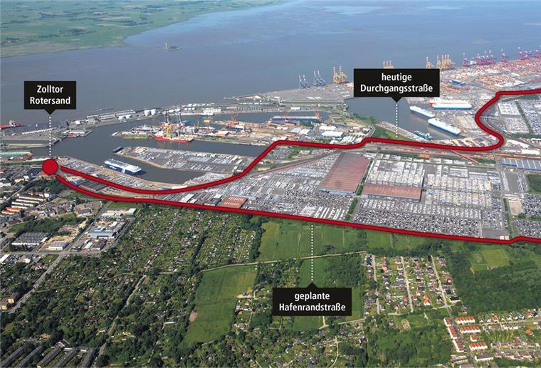 Express-Weg zum Zolltor Rotersand: So steht es um Bremerhavens Hafenrandstraße Luftbild vom Hafen mit roten Einzeichnungen